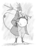  2022 accessory anthro ascot barefoot belly big_belly bottomwear bow_ribbon burmecian claws clothed clothing coat convexpert feet female final_fantasy final_fantasy_ix freya_crescent furgonomics hand_on_stomach headgear headwear hi_res holding_object holding_staff looking_down looking_down_at_stomach mammal monochrome navel outie_navel pants pregnant pregnant_female raised_tail ribbons rodent signature solo square_enix staff standing tail_accessory tail_bow tail_ribbon toe_claws topwear video_games 