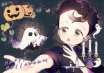  1girl 1other black_hair blush candle candlestand dress english_text ghost ghost_costume halloween jack-o&#039;-lantern leaf nikomi_(nikomix) pumpkin ram_(shadows_house) shadow_(shadows_house) shadows_house shirley_(shadows_house) short_hair short_sleeves upper_body 