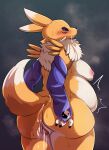  anthro areola bandai_namco belly big_breasts blush bodily_fluids breasts butt canid canine digimon digimon_(species) female fur genital_fluids genitals hi_res mammal nipples nude pussy renamon solo tuikinito white_body white_fur yellow_body 