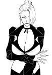  1girl breasts cleavage earrings greyscale hair_over_one_eye highres jewelry lipstick makeup mature_(kof) monochrome nail ryo_yo_shi the_king_of_fighters 