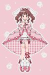  1girl animal_ears artist_request bangs bare_shoulders blush bow bridal_garter brown_eyes brown_hair detached_collar dress full_body gingham hair_bow hand_on_own_chest highres idolmaster idolmaster_cinderella_girls layered_dress leg_ribbon looking_at_viewer ogata_chieri pink_background pink_dress pink_footwear rabbit rabbit_ears red_ribbon ribbon sidelocks smile socks solo twintails white_socks 