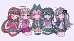  5girls :&gt; ahoge akamatsu_kaede alternate_color bangs black_gloves black_shirt black_skirt blonde_hair bow bowtie brown_footwear brown_hair brown_skirt chibi danganronpa:_trigger_happy_havoc danganronpa_(series) danganronpa_2:_goodbye_despair danganronpa_v3:_killing_harmony flipped_hair gloves green_sailor_collar green_skirt hair_ornament hair_scrunchie hairclip harukawa_maki highres holding_hands hood hood_up kara_aren kirigiri_kyouko kneehighs kneeling low_twintails maizono_sayaka miniskirt multiple_girls nanami_chiaki neck_ribbon pink_bow pink_bowtie pink_ribbon pink_skirt pink_vest pleated_skirt purple_hair red_scrunchie red_shirt red_thighhighs ribbon sailor_collar scrunchie shiny shiny_hair shirt simple_background skirt smile socks thighhighs twintails vest white_background white_shirt 