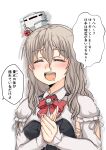  1girl bodice bow bowtie breasts closed_eyes grey_hair hat highres kantai_collection long_sleeves medium_breasts mini_hat open_mouth pola_(kancolle) red_bow red_bowtie shirt solo speech_bubble takasugi_heppu thick_eyebrows tilted_headwear translation_request upper_body wavy_hair white_shirt 