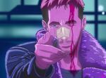  1boy artist_request beard blade_runner blade_runner_2049 blood cowboy_bebop facial_hair finger_gun highres jacket k_(blade_runner_2049) one_eye_closed smile solo solo_focus third-party_source wet wet_clothes wet_hair 