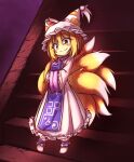 1girl blonde_hair closed_mouth dress english_commentary fox_tail full_body hands_in_opposite_sleeves hat kitsune lirilias multiple_tails pillow_hat short_hair smile solo stairs standing tabard tail touhou white_dress white_footwear white_headwear yakumo_ran yellow_eyes 