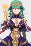  1girl absurdres bangs bodysuit braid breasts byleth_(fire_emblem) byleth_(fire_emblem)_(female) chain cleavage cleavage_cutout clothing_cutout cosplay crown family_crest fire_emblem fire_emblem:_three_houses fire_emblem_heroes gold_trim green_eyes green_hair hair_ribbon hand_up highres looking_at_viewer medium_breasts official_alternate_costume peach11_01 red_ribbon ribbon smile solo sothis_(fire_emblem) sothis_(fire_emblem)_(cosplay) watermark white_ribbon 