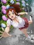  1girl bachou_mouki bag bangs blue_scrunchie blush breasts brown_eyes brown_footwear brown_hair cleavage collarbone collared_shirt dress_shirt falling floating_hair flower from_above hair_ornament hair_scrunchie holding holding_bag hydrangea ikkitousen large_breasts loafers long_hair miniskirt no_bra open_mouth outdoors outstretched_arm outstretched_hand parted_bangs plaid plaid_skirt pleated_skirt ponytail rain red_skirt school_bag school_uniform scrunchie shiny shiny_hair shirt shoes short_sleeves skirt socks solo sweatdrop wet wet_clothes wet_shirt white_shirt white_socks wing_collar 