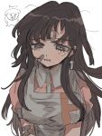  1girl bandaid bandaid_on_arm bandaid_on_cheek bandaid_on_face bangs black_eyes black_hair blush breasts collared_shirt danganronpa_(series) danganronpa_2:_goodbye_despair grey_apron grey_shirt highres kara_aren large_breasts long_hair mole mole_under_eye open_mouth pink_shirt shiny shiny_hair shirt simple_background solo tears tsumiki_mikan two-tone_shirt upper_body white_background 