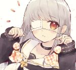  1girl bangs blush choker eyepatch grey_hair highres holding long_hair long_sleeves medical_eyepatch neckerchief orange_eyes original reizouko school_uniform serafuku sleeves_past_wrists solo teruterubouzu upper_body 