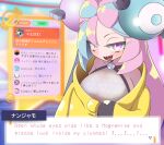  1girl bow-shaped_hair breasts character_hair_ornament hair_ornament hexagon_print iono_(pokemon) jacket large_breasts long_hair low-tied_long_hair multicolored_hair nmmnmmzk oversized_clothes pokemon pokemon_(game) pokemon_sv sharp_teeth split-color_hair star_(symbol) star_in_eye symbol_in_eye teeth very_long_sleeves x yellow_jacket 