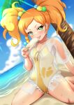  1girl aikatsu!_(series) aikatsu_stars! bare_legs blonde_hair blue_sky braid brown_hair casual_one-piece_swimsuit cloud collarbone dutch_angle food gradient_hair green_eyes hair_ornament holding holding_food long_hair looking_at_viewer multicolored_hair nikaidou_yuzu ocean one-piece_swimsuit open_clothes open_shirt palm_tree popsicle ribbon rinkapix see-through see-through_shirt shiny shiny_hair shirt single_braid sitting sky solo spread_legs summer sunlight swimsuit tongue tongue_out tree twintails white_shirt yellow_one-piece_swimsuit yellow_ribbon 