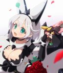  1girl :d absurdres black_gloves bracelet breasts cleavage clover collar elphelt_valentine fingerless_gloves flower four-leaf_clover gloves green_eyes guilty_gear guilty_gear_xrd hairband hand_on_own_chest highres itsuka_neru jewelry large_breasts looking_at_viewer open_mouth red_flower red_rose rose short_hair simple_background smile solo spiked_bracelet spiked_collar spiked_hairband spikes upper_body white_background white_hair 