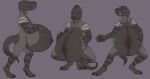  2021 absurd_res anthro belly big-jc big_belly black_body black_fur black_hair brown_eyes claws crouching digitigrade fangs fur gorgonopsid grey_background grey_body grey_fur hair hand_on_stomach hi_res looking_at_viewer male multicolored_body multicolored_fur navel nude outie_navel pose pregnant pregnant_male simple_background sketch_page smile solo therapsid tylus_cairn unborn_kicking 