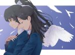  2girls angel_wings bangs birthday black_hair closed_eyes commentary feathers from_side hair_ribbon half_updo hazuki_hana hazuki_ren high_ponytail highres hug hug_from_behind long_hair love_live! love_live!_superstar!! mother_and_daughter multiple_girls ponytail ribbon school_uniform smile time_paradox upper_body white_feathers wings yanase_eiwa yellow_eyes yuigaoka_school_uniform 