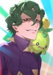  1boy 6!6_(gsnejio_af4) bangs brassius_(pokemon) bright_pupils commentary_request green_eyes green_hair hair_between_eyes highres jacket male_focus on_shoulder pokemon pokemon_(creature) pokemon_(game) pokemon_on_shoulder pokemon_sv purple_jacket short_hair smoliv turtleneck turtleneck_jacket upper_body 