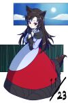  1girl animal_ears bamboo closed_mouth cloud dated dress full_body holding_own_wrist imaizumi_kagerou itani_illust long_sleeves looking_at_viewer red_dress red_eyes sky solo standing sun tail touhou two-tone_dress white_background white_dress wolf_ears wolf_girl wolf_tail 