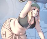  1girl bandana belly better-with-salt blonde_hair blue_eyes breasts cleavage clothes_around_waist crop_top fat_rolls fullmetal_alchemist highres industrial_pipe large_breasts lips navel plump smile solo winry_rockbell zipper 