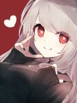  1girl absurdres bangs blush breasts grey_hair hand_on_own_cheek hand_on_own_chest hand_on_own_face heart heart-shaped_pupils highres jewelry large_breasts long_hair long_sleeves nail_polish necklace original red_eyes reizouko sleeves_past_wrists smile solo symbol-shaped_pupils 