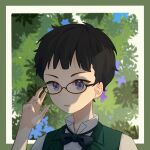  1boy arm_up black_bow black_bowtie black_hair bow bowtie chinese_commentary commentary_request glasses green_jacket highres holding holding_eyewear jacket kieukie open_mouth portrait purple_eyes shadows_house shaun_(shadows_house) shirt short_hair solo white_shirt 