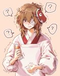  1other ? ametsukana_yago androgynous apron baby_bottle bandage_over_one_eye bottle brown_hair commentary_request hemo_(hemoroda) holding holding_bottle japanese_clothes kappougi kimono len&#039;en long_sleeves mask mask_on_head medium_hair nervous_smile open_mouth orange_eyes red_kimono simple_background smile solo speech_bubble spoken_question_mark sweat tan_background trembling upper_body white_apron 