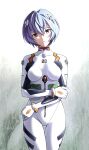  1girl ayanami_rei blue_hair bodysuit breasts breasts_apart closed_mouth frown genny hair_between_eyes head_tilt headgear looking_at_viewer medium_breasts neon_genesis_evangelion plugsuit red_eyes shiny shiny_hair short_hair solo standing thigh_gap white_background white_bodysuit 