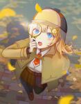  1girl bangs black_thighhighs blonde_hair blue_eyes blurry blush breasts brown_skirt capelet collared_shirt commentary detective english_commentary facing_viewer falling_leaves full_body ginkgo hair_ornament hat high-waist_skirt highres holding holding_magnifying_glass hololive hololive_english leaf loafers long_hair long_sleeves looking_up magnifying_glass monocle_hair_ornament neckerchief necktie open_mouth plaid plaid_skirt rainry red_neckerchief shirt shoes skirt solo standing swept_bangs teeth thighhighs tongue virtual_youtuber watson_amelia white_shirt 