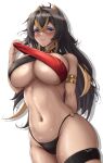  1girl absurdres animal_ears bangs bare_shoulders black_hair blue_eyes blush breasts criss-cross_halter dark-skinned_female dark_skin dehya_(genshin_impact) earrings genshin_impact halterneck highres huge_breasts jewelry large_breasts long_hair midriff multicolored_hair musanix navel solo 