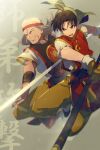  2boys armlet bandana black_hair brown_eyes echo_(circa) gensou_suikoden gensou_suikoden_i gloves grey_hair headband kai_(suikoden) male_focus multiple_boys open_mouth smile staff tir_mcdohl weapon 