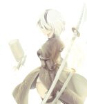  1girl black_blindfold black_dress black_hairband blindfold breasts closed_mouth covered_eyes dress echo_(circa) floating floating_object floating_sword floating_weapon hairband leotard leotard_under_clothes magic_circle multiple_swords nier_(series) nier_automata pod_(nier_automata) puffy_sleeves short_hair simple_background sword thighhighs weapon white_background white_hair white_leotard yorha_no._2_type_b 