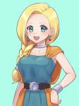  1girl :d bianca_(dq5) blonde_hair blue_background blue_dress blue_eyes braid braided_ponytail collarbone dragon_quest dragon_quest_v dress earrings hair_over_shoulder hand_on_hip highres jewelry junjonta long_hair open_mouth shiny shiny_hair simple_background sleeveless sleeveless_dress smile solo standing 