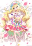  1girl blonde_hair blue_eyes blush bouquet bridal_gauntlets bridal_veil brooch choker cure_finale delicious_party_precure dress frills full_body hair_ornament highres holding holding_bouquet jewelry juliet_sleeves kasai_amane long_hair long_sleeves magical_girl precure puffy_sleeves tiara twitter_username veil wedding_dress white_footwear yukinko_(yukiwork) 