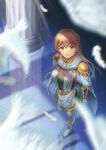  1girl absurdres bangs blurry blurry_foreground boots breasts brown_hair cleavage closed_mouth dragon_quest dragon_quest_dai_no_daibouken dress feathers floating_hair from_above full_body green_dress grey_footwear hair_between_eyes highres long_hair looking_at_viewer looking_up medium_breasts orange_eyes princess_leona shiny shiny_hair short_dress smile solo standing thigh_boots very_long_hair white_feathers yappo_(point71) zettai_ryouiki 