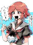  black_shirt commentary_request hemo_(hemoroda) holding holding_spoon ink len&#039;en neckerchief open_mouth puffy_sleeves red_eyes red_hair red_neckerchief shirt short_hair simple_background smile solo spoon translation_request upper_body white_background 