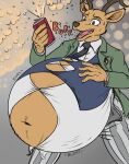  2021 absurd_res anthro antlers beastars belly beverage beverage_can big_belly bloated bodily_fluids brown_body brown_fur burping cervid cervine clothing dress_shirt eggo21 fur hand_on_stomach hi_res horn hyper hyper_belly inflation jacket louis_(beastars) male mammal navel necktie red_deer school_uniform shirt soda soda_inflation solo straining_buttons sweat tight_clothing topwear unbuttoned_pants uniform 