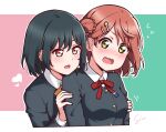  2020 2girls artist_name blush bow dark_green_hair fang hair_bun hair_ornament hairclip heart highres hug hug_from_behind love_live! love_live!_nijigasaki_high_school_idol_club mifune_shioriko multicolored_hair multiple_girls open_mouth pink_hair red_bow red_eyes school_uniform seion short_hair signature standing uehara_ayumu yellow_bow yellow_eyes yuri 