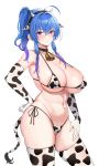  1girl ahoge animal_ears animal_print areola_slip azur_lane bell bikini bilei black_collar black_hairband blue_hair breasts closed_mouth collar cow_ears cow_horns cow_print cow_tail cowbell elbow_gloves fake_animal_ears fake_horns female_pubic_hair gloves hairband hand_on_hip highres horns large_breasts navel neck_bell print_bikini print_gloves print_thighhighs pubic_hair pubic_hair_peek purple_eyes side-tie_bikini_bottom side_ponytail sidelocks simple_background skindentation smile solo st._louis_(azur_lane) stomach strap_gap swimsuit tail thighhighs thighs wavy_hair white_background 