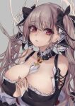  1girl azur_lane bangs between_breasts black_headwear black_nails breasts character_request cleavage copyright_request formidable_(azur_lane) hair_ribbon highres huge_breasts lolita_fashion long_hair nail_polish necktie necktie_between_breasts own_hands_together red_eyes ribbon simple_background two-tone_ribbon very_long_hair white_hair yok01 