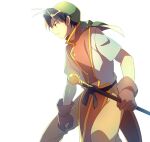  1boy bandana black_hair brown_eyes brown_gloves echo_(circa) gensou_suikoden gensou_suikoden_i gloves male_focus simple_background solo staff tir_mcdohl weapon white_background 