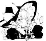  ... 1girl black_dress blush bow braid closed_mouth dress frilled_hat frills frown hat hat_bow holding holding_clothes holding_hat kirisame_marisa long_hair looking_at_viewer monochrome shirt side_braid simple_background souta_(karasu_no_ouchi) speech_bubble sweat touhou upper_body white_shirt witch_hat 