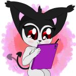  anthro black_body black_fur black_sclera cute_expression drawing ear_tuft espurrito felid feline female flat_chested forked_tail fur hi_res mammal red_eyes sitting solo tablet_pen tuft unusual_anatomy unusual_tail white_body young 