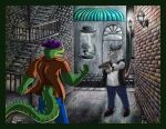  2022 absurd_res alligator alligatorid anthro azureparagon bottomwear brok_(character) brok_the_investigator clothing crocodilian detailed_background duo green_body grey_body gun hat headgear headwear hi_res humanoid_hands male mammal murid murine outside pants ranged_weapon rat reptile rodent scalie shirt squealers_chief topwear video_games weapon 