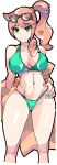  1girl :d absurdres bare_shoulders bra breasts cameltoe cleavage collarbone enpe eyelashes eyewear_on_head feet_out_of_frame green_bra green_eyes green_nails green_panties hair_between_eyes hair_ornament hand_on_own_thigh heart heart_hair_ornament highres jacket knees large_breasts looking_at_viewer midriff navel orange_hair panties pokemon pokemon_(game) pokemon_swsh removing_jacket side_ponytail simple_background smile sonia_(pokemon) stomach sunglasses thick_thighs thigh_gap thighs toned underwear white_background yellow_jacket 