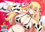 1girl alicesoft angel_wings animal_ears animal_print anniversary bell bikini blonde_hair blue_eyes character_request collar copyright_name cow_ears cow_girl cow_horns cow_print cow_tail cowbell double_v elbow_gloves escalation_heroines feathered_wings gloves hair_between_eyes horns horosuke long_hair official_art open_mouth swimsuit tail v wings 