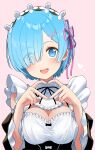  1girl :d absurdres black_dress black_ribbon blue_eyes blue_hair blush breasts cleavage commentary_request detached_sleeves dress eyes_visible_through_hair flower_knot hair_ornament hair_over_one_eye hands_up head_tilt heart heart_hands highres large_breasts looking_at_viewer maid maid_headdress mameroku neck_ribbon pink_background pink_ribbon re:zero_kara_hajimeru_isekai_seikatsu rem_(re:zero) ribbon ribbon-trimmed_dress roswaal_mansion_maid_uniform short_hair simple_background smile solo straight-on upper_body x_hair_ornament 
