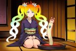  1girl alternate_hair_color antenna_hair breasts closed_mouth de_la_fille earrings gaming_penis_ikebana_(meme) gradient_hair granblue_fantasy green_eyes hair_ornament indoors japanese_clothes jewelry kimono long_sleeves meme multicolored_hair obi orange_hair own_hands_together purple_kimono sash seiza sitting small_breasts solo tatami twintails usugiri_bacon v-shaped_eyebrows vyrn_(granblue_fantasy) wide_sleeves 
