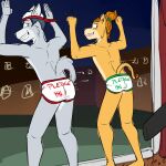  against_surface against_window anthro backwards_baseball_cap backwards_hat baseball_cap briefs briefs_only canid canine canis clothed clothing duo english_text felid fraternity furgonomics fuze hat headgear headwear hi_res leaning leaning_forward lion looking_back male mammal night on_glass pantherine tally_marks text topless underwear underwear_only white_briefs white_clothing white_underwear wolf 
