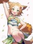  1girl :d animal_ear_fluff animal_ears arm_up bangs bare_arms bare_shoulders black_socks blush breasts brown_hair cheering cheerleader collarbone commentary confetti cowboy_shot crop_top fox_ears fox_girl fox_tail green_eyes green_shirt green_skirt hair_ornament hand_on_hip head_tilt holding holding_pom_poms impossible_clothes impossible_shirt kneehighs kogitsunemaru_(tenka_hyakken) leaf_hair_ornament leg_up looking_at_viewer midriff navel okanoyuno parted_bangs pleated_skirt pom_pom_(cheerleading) round_teeth shiny shiny_hair shirt short_hair signature simple_background skirt sleeveless sleeveless_shirt small_breasts smile socks solo stomach tail teeth tenka_hyakken white_background 
