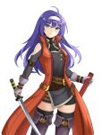  1girl ahoge bare_shoulders black_thighhighs blue_hair boots coat cowboy_shot detached_sleeves fire_emblem fire_emblem:_radiant_dawn gloves green_eyes grey_gloves hairband highres holding holding_sheath holding_sword holding_weapon looking_at_viewer mia_(fire_emblem) official_alternate_costume sheath simple_background smile solo sword takaneko thigh_boots thighhighs unsheathed weapon white_background white_hairband zettai_ryouiki 