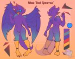  absurd_res adian anthro avian bird blue_eyes character cute_expression digital_media_(artwork) feathered_wings feathers fur gradient_fur hi_res male model_sheet oscine passerine purple_body purple_fur reference_image smolspearrow solo sparrow spread_wings tail_feathers wings 