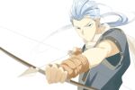  arrow_(projectile) blue_eyes blue_hair bow_(weapon) chester_burklight closed_mouth echo_(circa) fingerless_gloves gloves long_hair looking_at_viewer male_focus ponytail simple_background solo tales_of_(series) tales_of_phantasia weapon white_background 